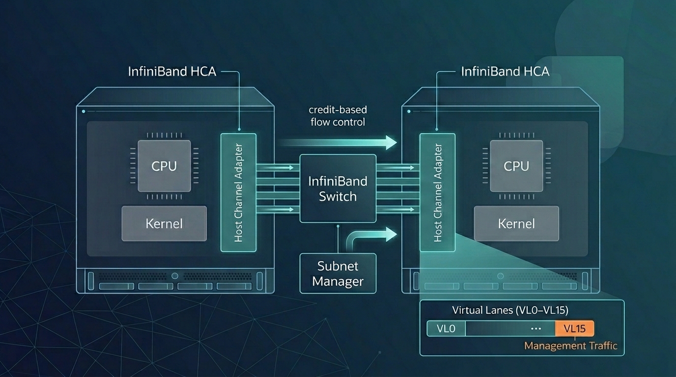 InfiniBand architecture with subnet manager and virtual lanes